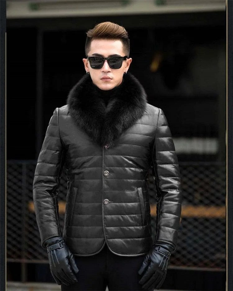 Bran Genuine Leather Jacket Men Real Sheepskin w Down - black, M