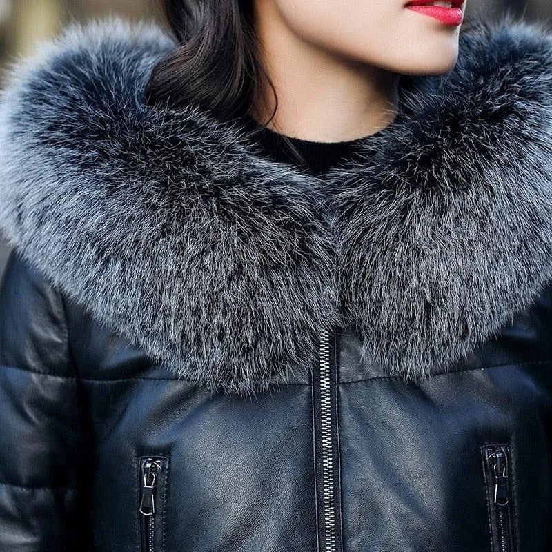 Genuine Leather Jacket Women Fox Fur and Hooded