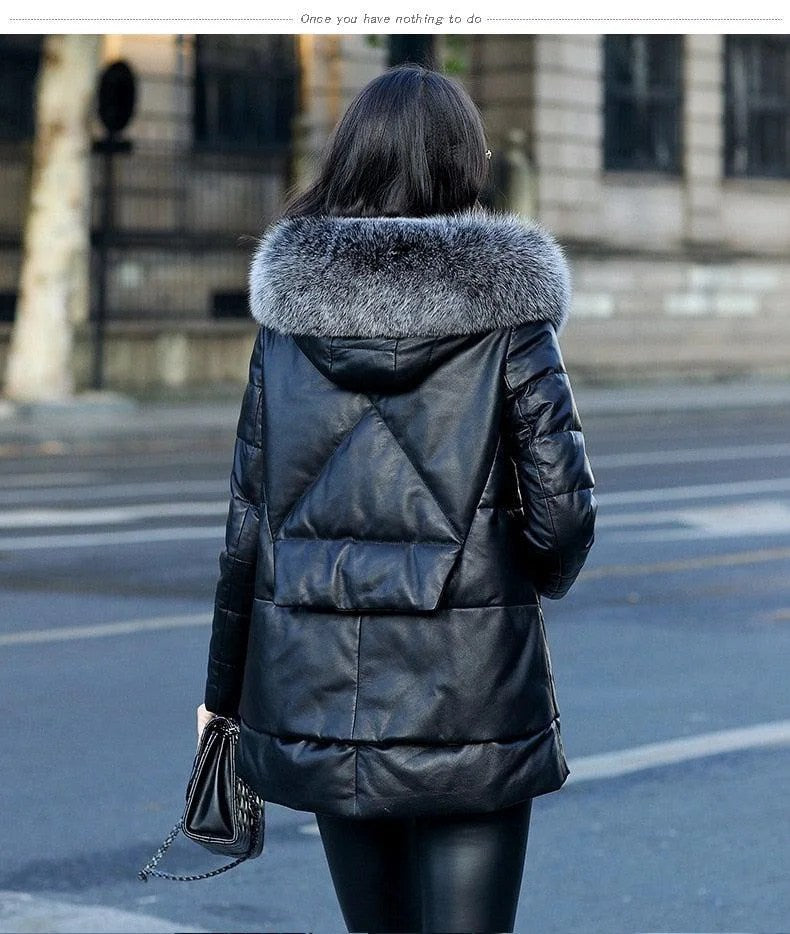Genuine Leather Jacket Women Fox Fur and Hooded