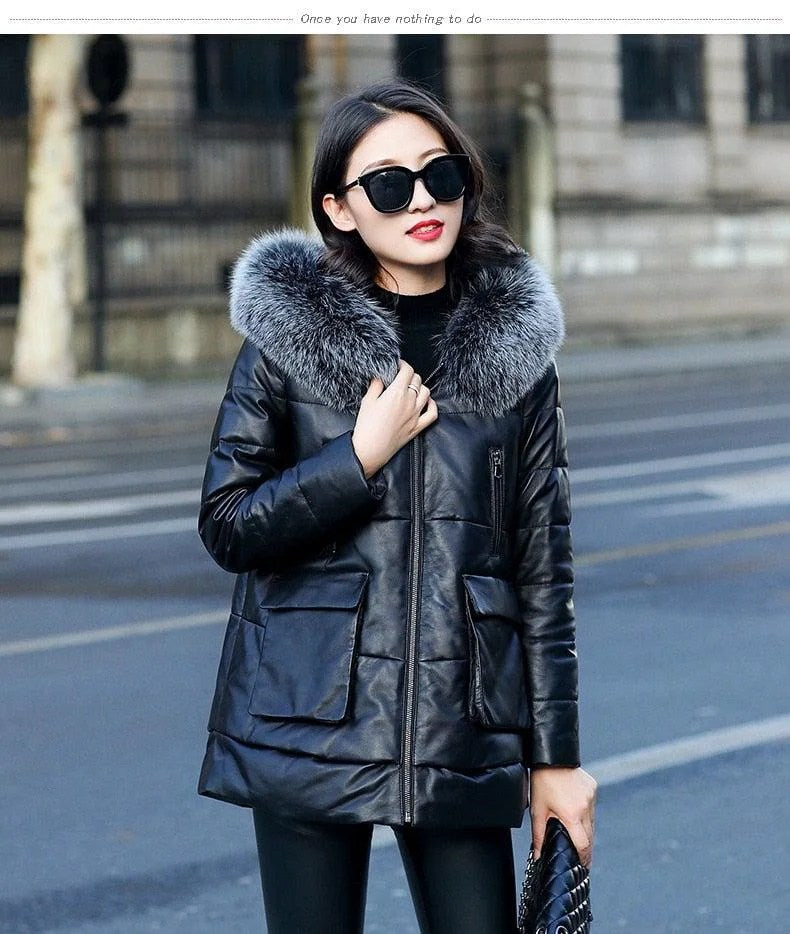 Genuine Leather Jacket Women Fox Fur and Hooded