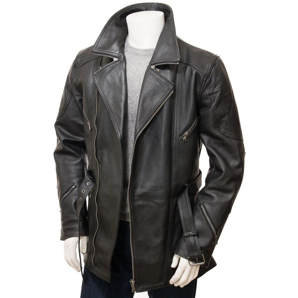 MEN BLACK BELTED LEATHER JACKET COAT HARFORD