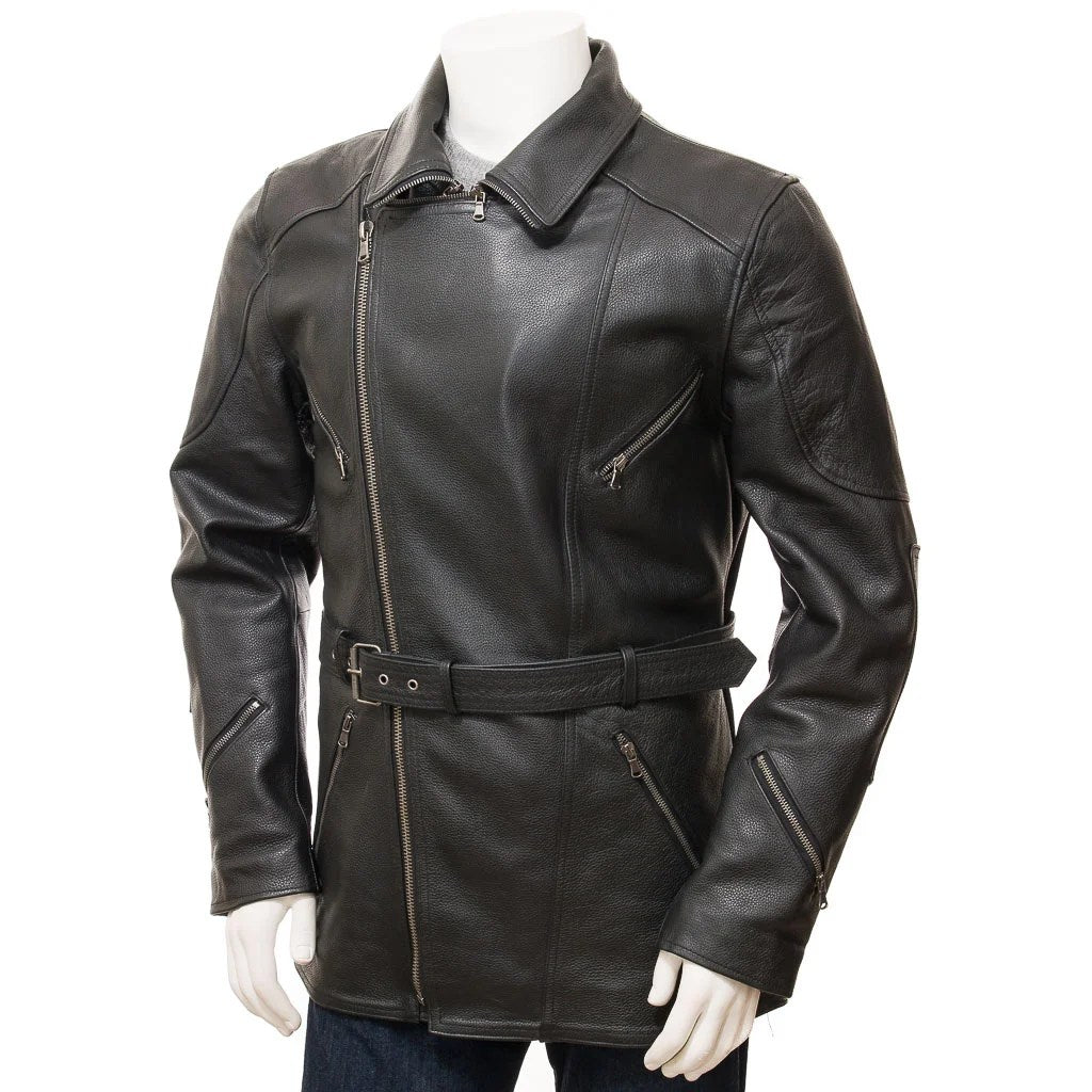 MEN BLACK BELTED LEATHER JACKET COAT HARFORD