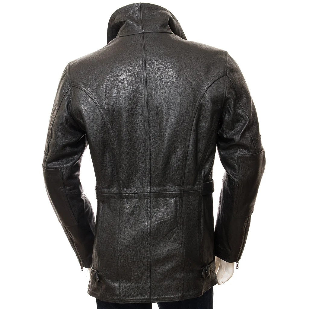 MEN BLACK BELTED LEATHER JACKET COAT HARFORD