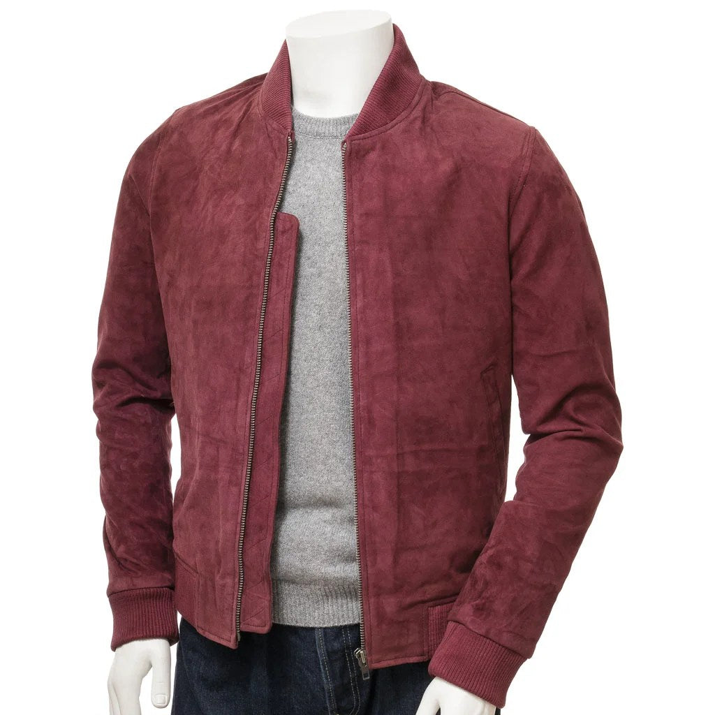 MEN BURGUNDY SUEDE BOMBER JACKET BOONVILLE