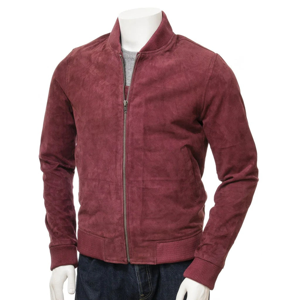MEN BURGUNDY SUEDE BOMBER JACKET BOONVILLE