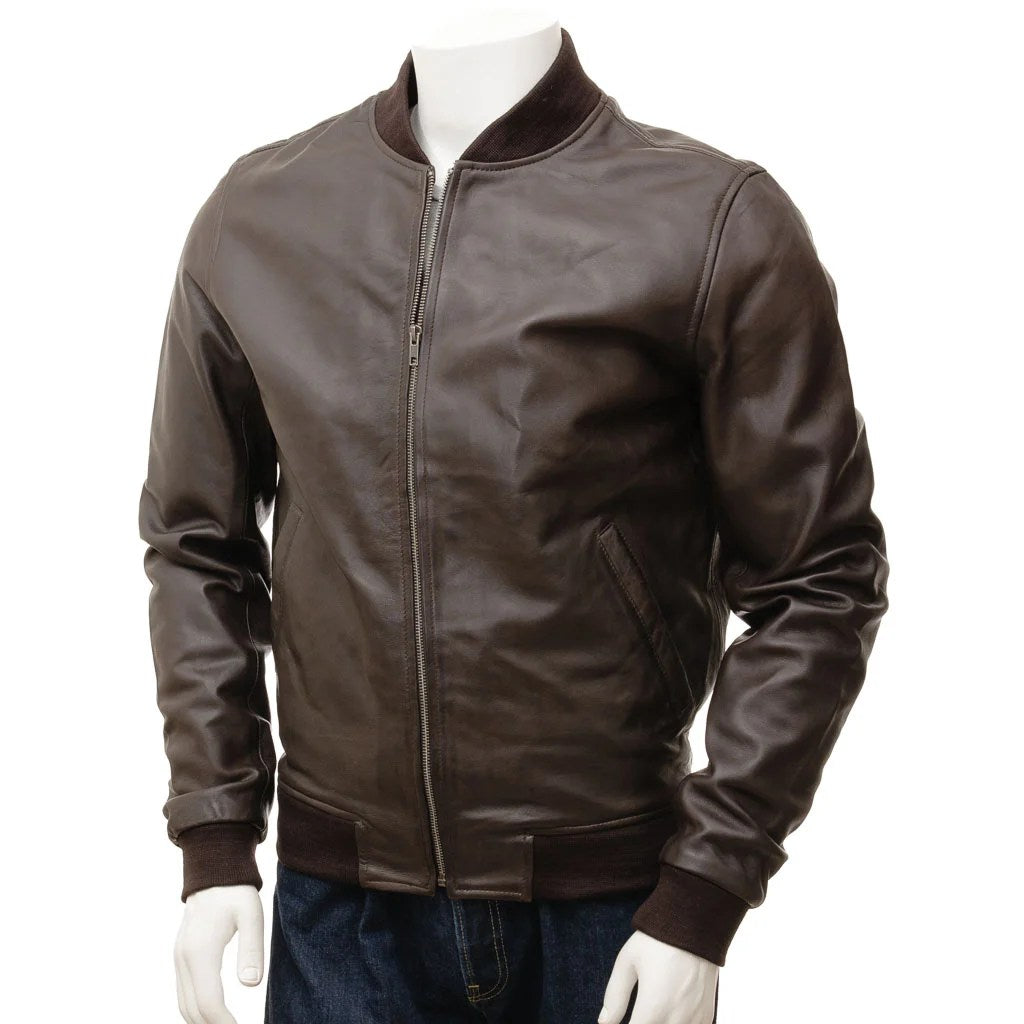 MEN BROWN LEATHER BOMBER JACKET BRIGHTON