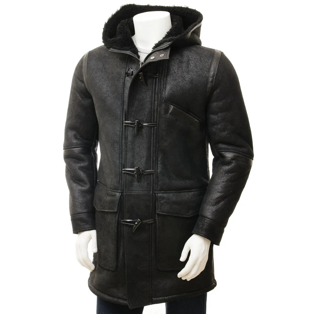 MEN BLACK SHEEPSKIN DUFFLE COAT GALWAY