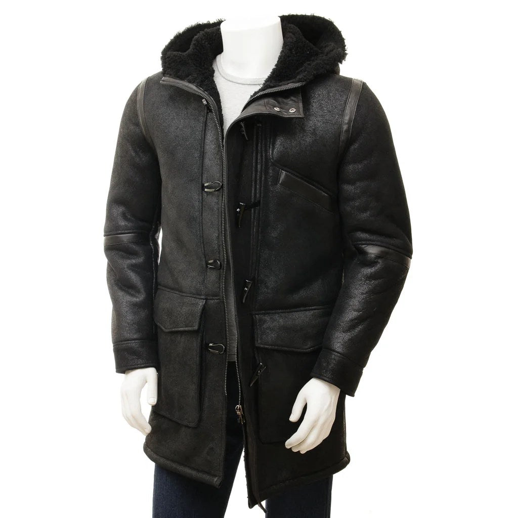 MEN BLACK SHEEPSKIN DUFFLE COAT GALWAY