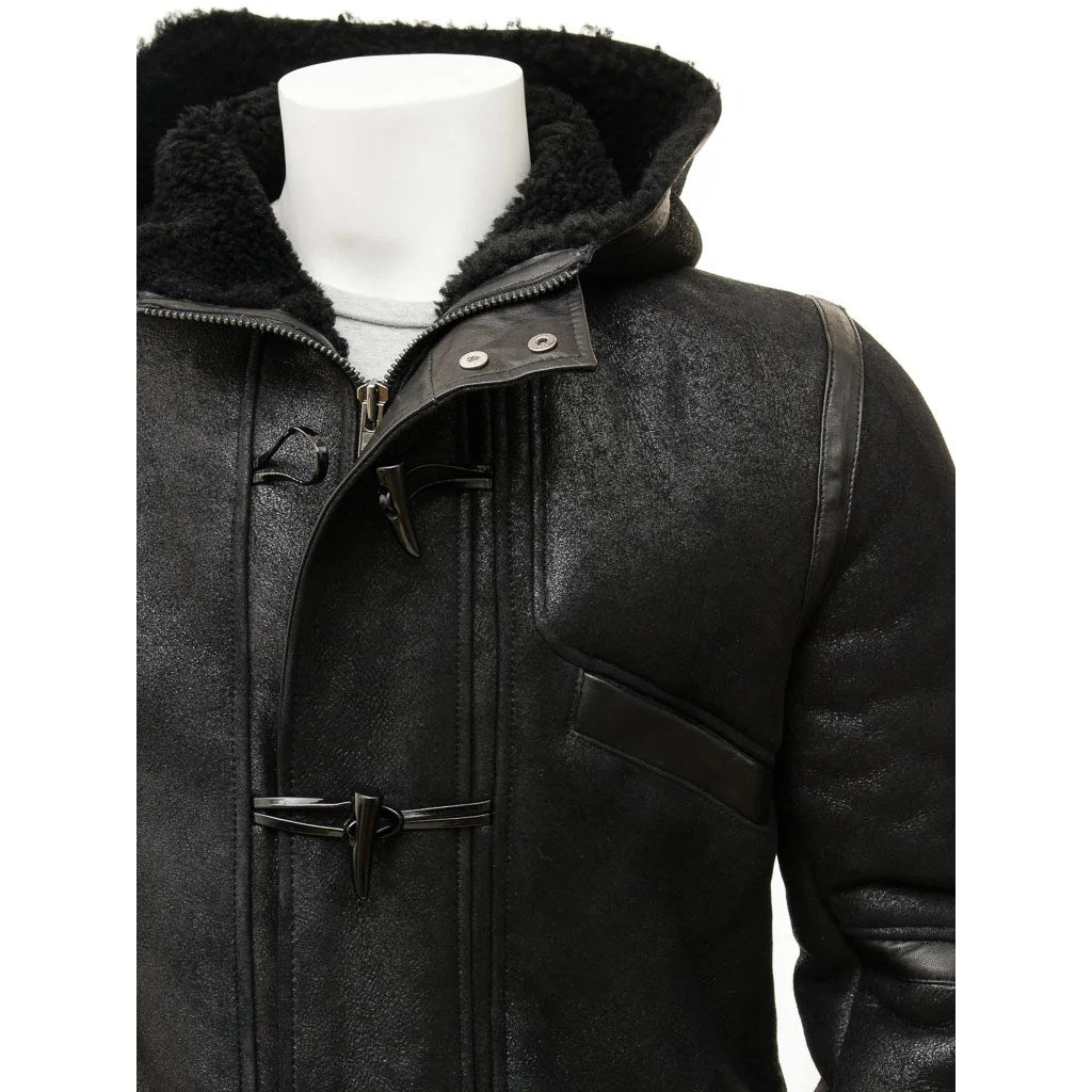 MEN BLACK SHEEPSKIN DUFFLE COAT GALWAY