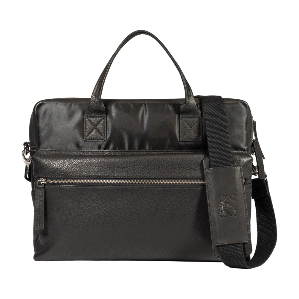 K0043AB | Briefcase in Waterproof Nylon/Full Grain Leather with Light Grain - Black Color - Inside Clutch Bag - Shiny Silver Accessories - Size 39 x 30 x 12 cm - Packaging: Tnt Bag