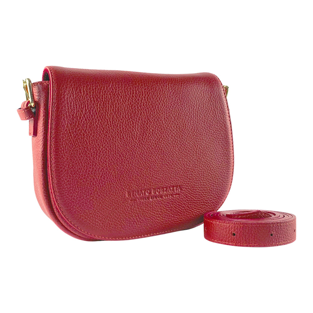 RB1002V | Made in Italy Genuine Leather Shoulder Bag with Removable Leather Shoulder Strap and Shiny Gold Metal Buckle Attachments - Red Color - Size: 26 x 20 x 10 cm.