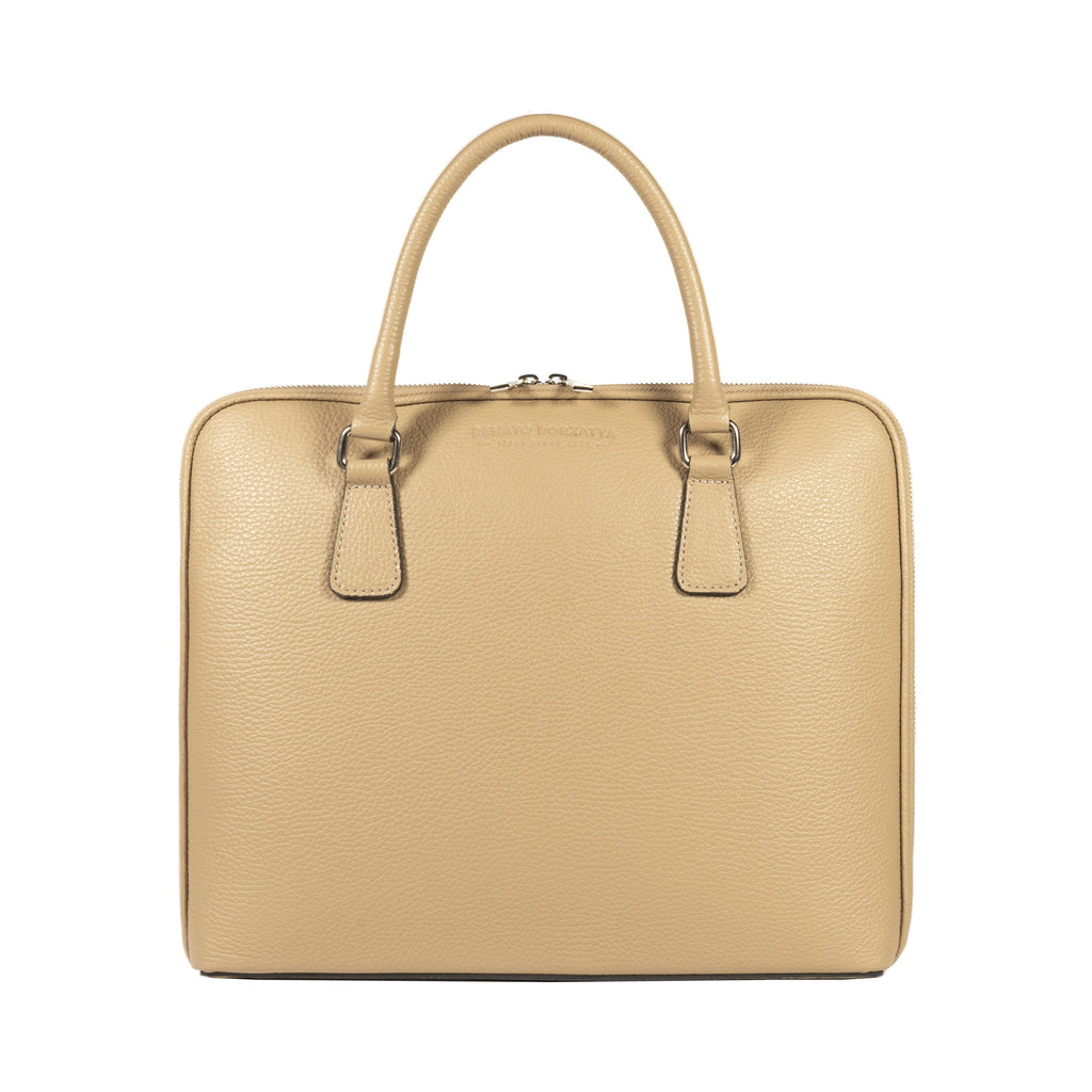 RB1019AQ | Made in Italy Genuine Leather Unisex Business Briefcase with removable shoulder strap. Polished Nickel metal snap hook attachments - Taupe color - Dimensions: cm 37 x 29 x 6.5
