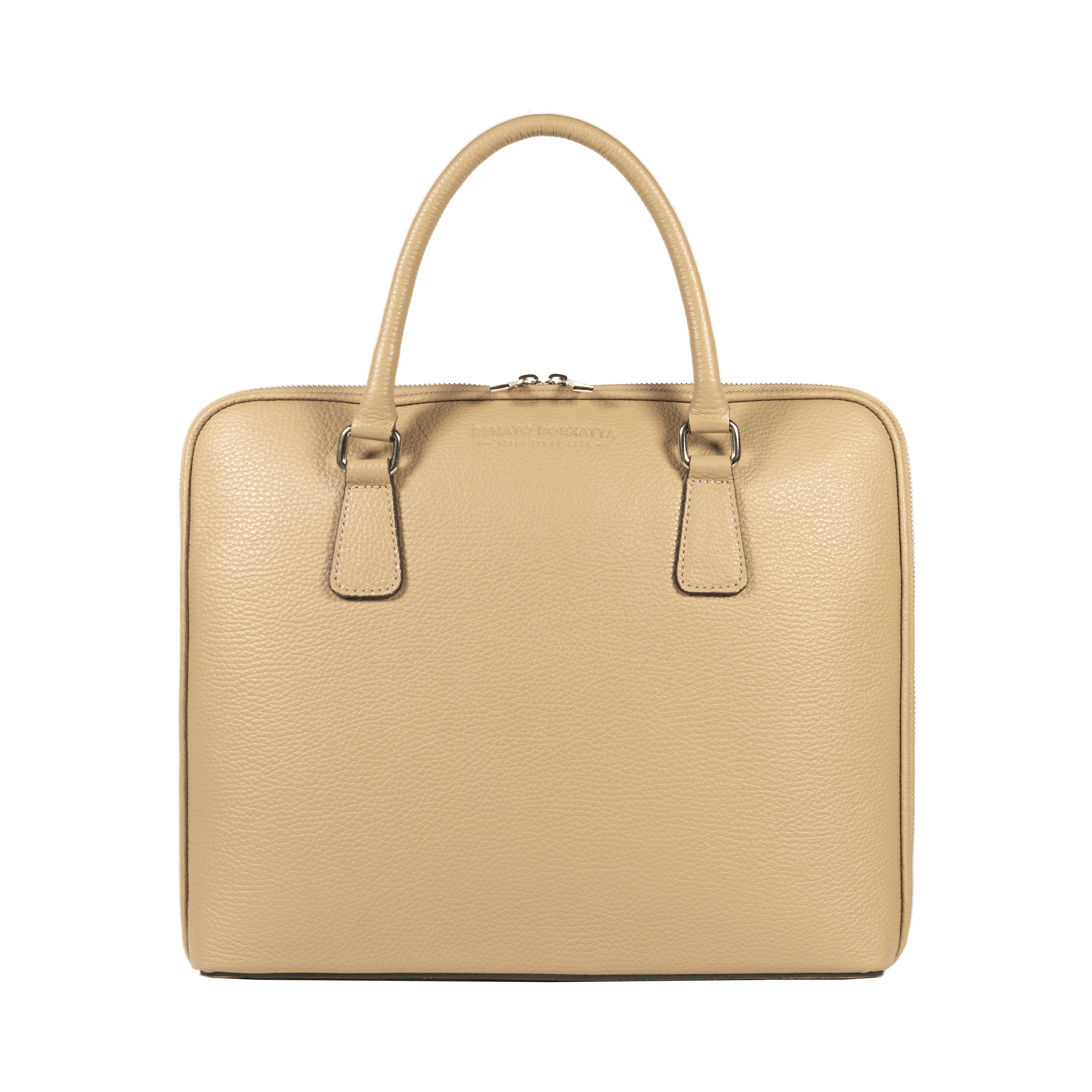 RB1019AQ | Made in Italy Genuine Leather Unisex Business Briefcase with removable shoulder strap. Polished Nickel metal snap hook attachments - Taupe color - Dimensions: cm 37 x 29 x 6.5
