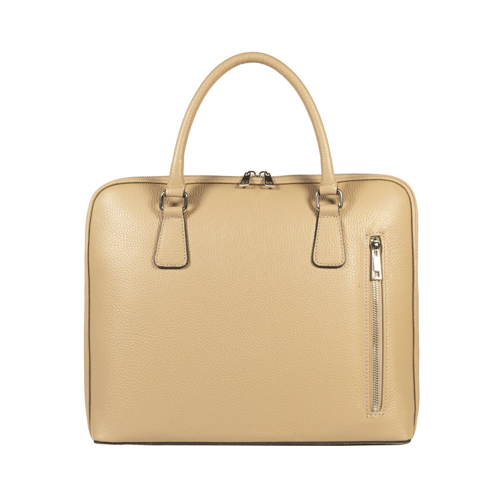 RB1019AQ | Made in Italy Genuine Leather Unisex Business Briefcase with removable shoulder strap. Polished Nickel metal snap hook attachments - Taupe color - Dimensions: cm 37 x 29 x 6.5