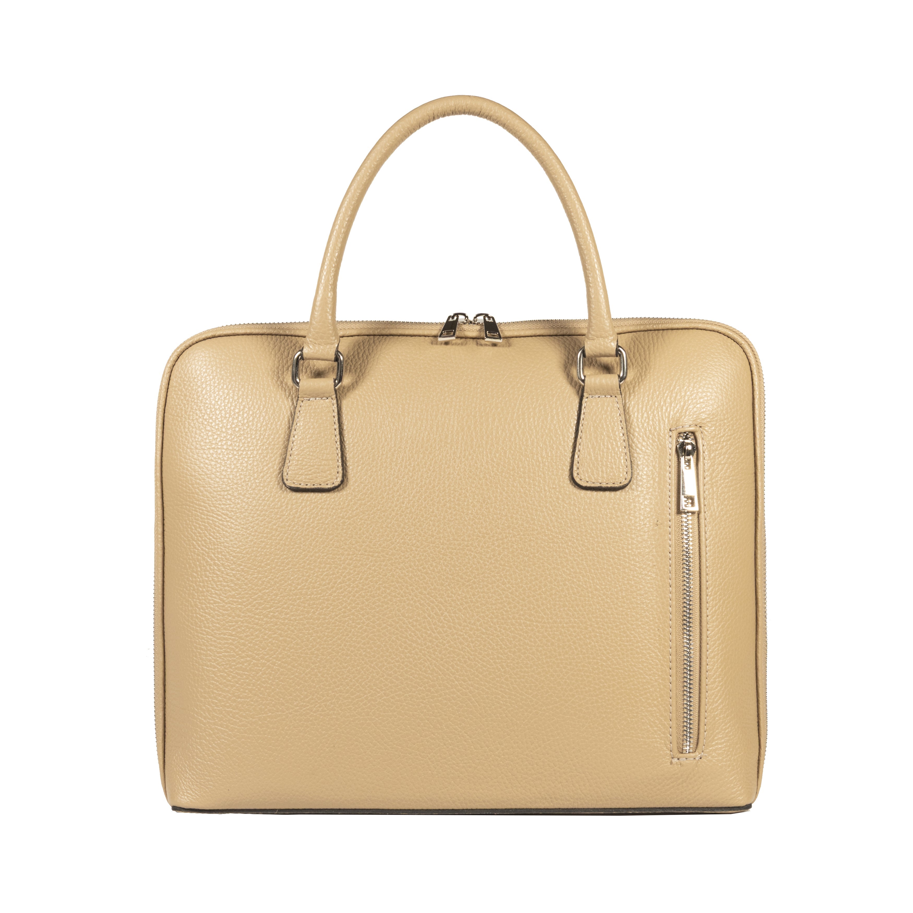 RB1019AQ | Made in Italy Genuine Leather Unisex Business Briefcase with removable shoulder strap. Polished Nickel metal snap hook attachments - Taupe color - Dimensions: cm 37 x 29 x 6.5