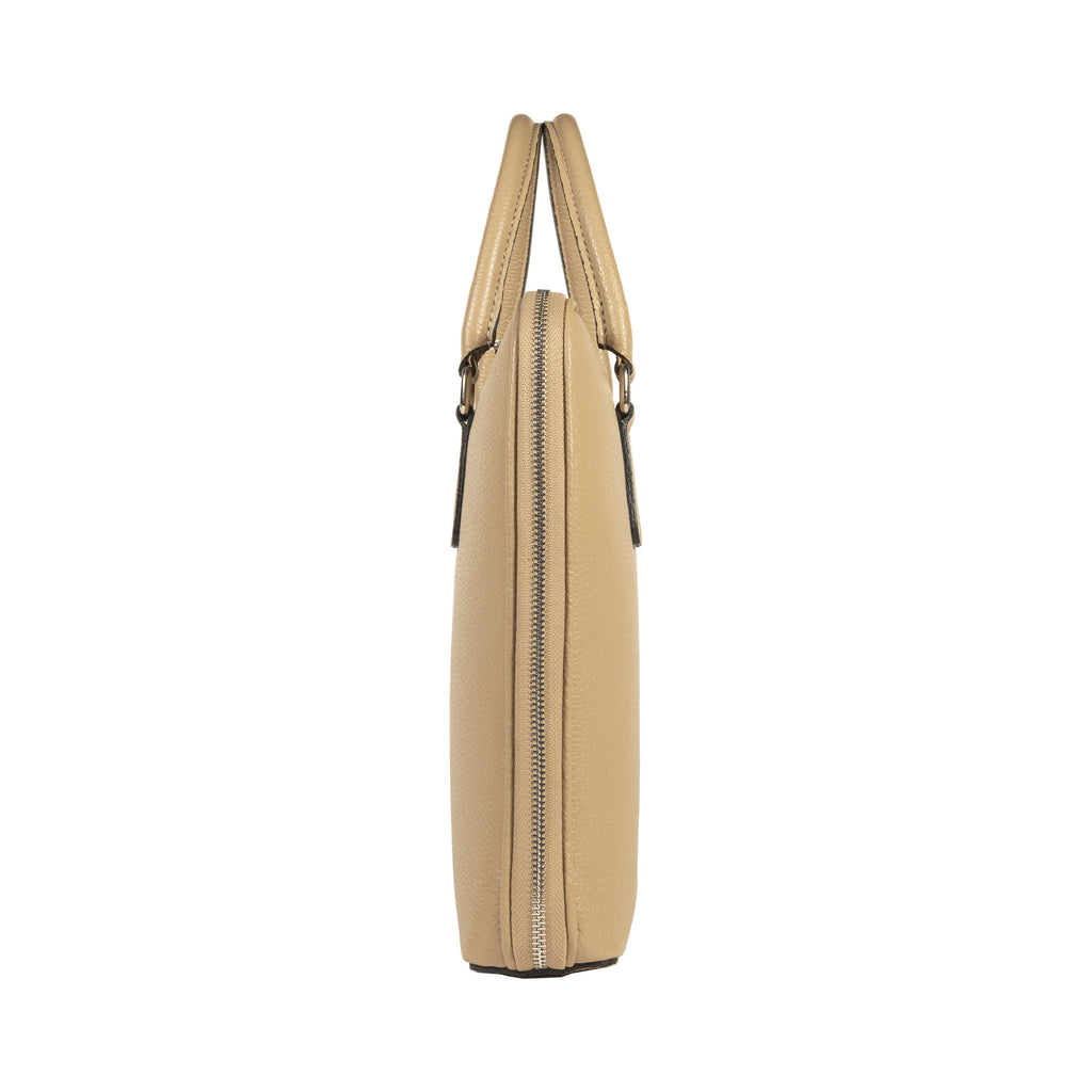 RB1019AQ | Made in Italy Genuine Leather Unisex Business Briefcase with removable shoulder strap. Polished Nickel metal snap hook attachments - Taupe color - Dimensions: cm 37 x 29 x 6.5