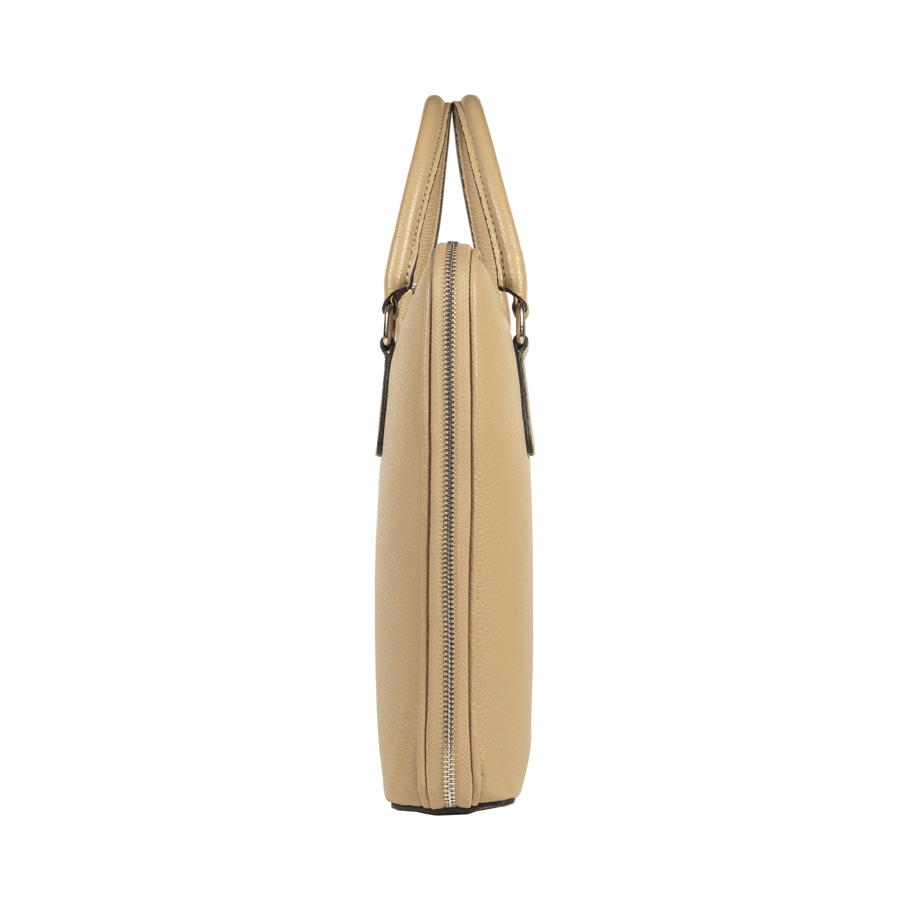 RB1019AQ | Made in Italy Genuine Leather Unisex Business Briefcase with removable shoulder strap. Polished Nickel metal snap hook attachments - Taupe color - Dimensions: cm 37 x 29 x 6.5