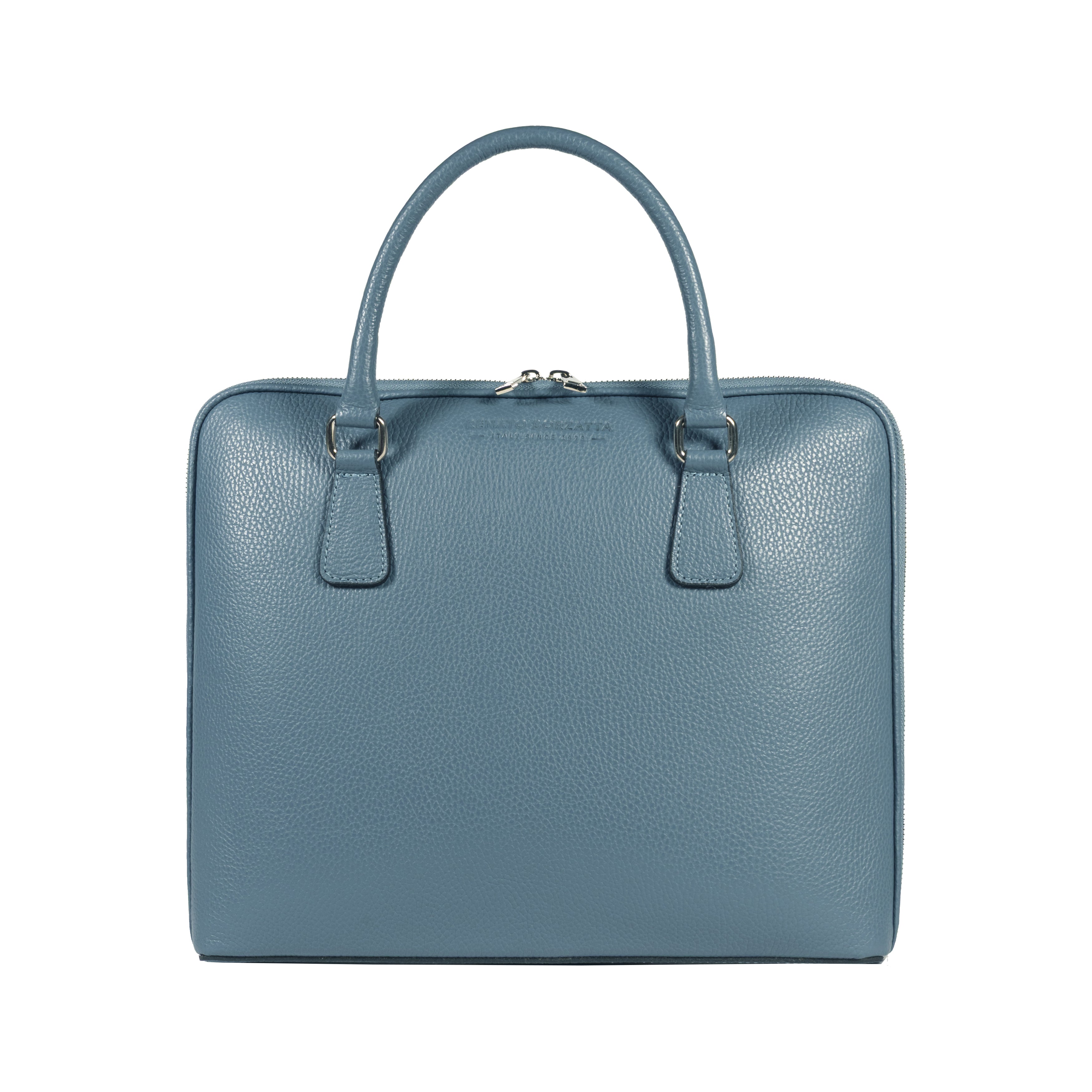RB1019P | Made in Italy Genuine Leather Unisex Business Briefcase with removable shoulder strap. Shiny Nickel metal snap hook attachments - Avio color - Dimensions: cm 37 x 29 x 6.5