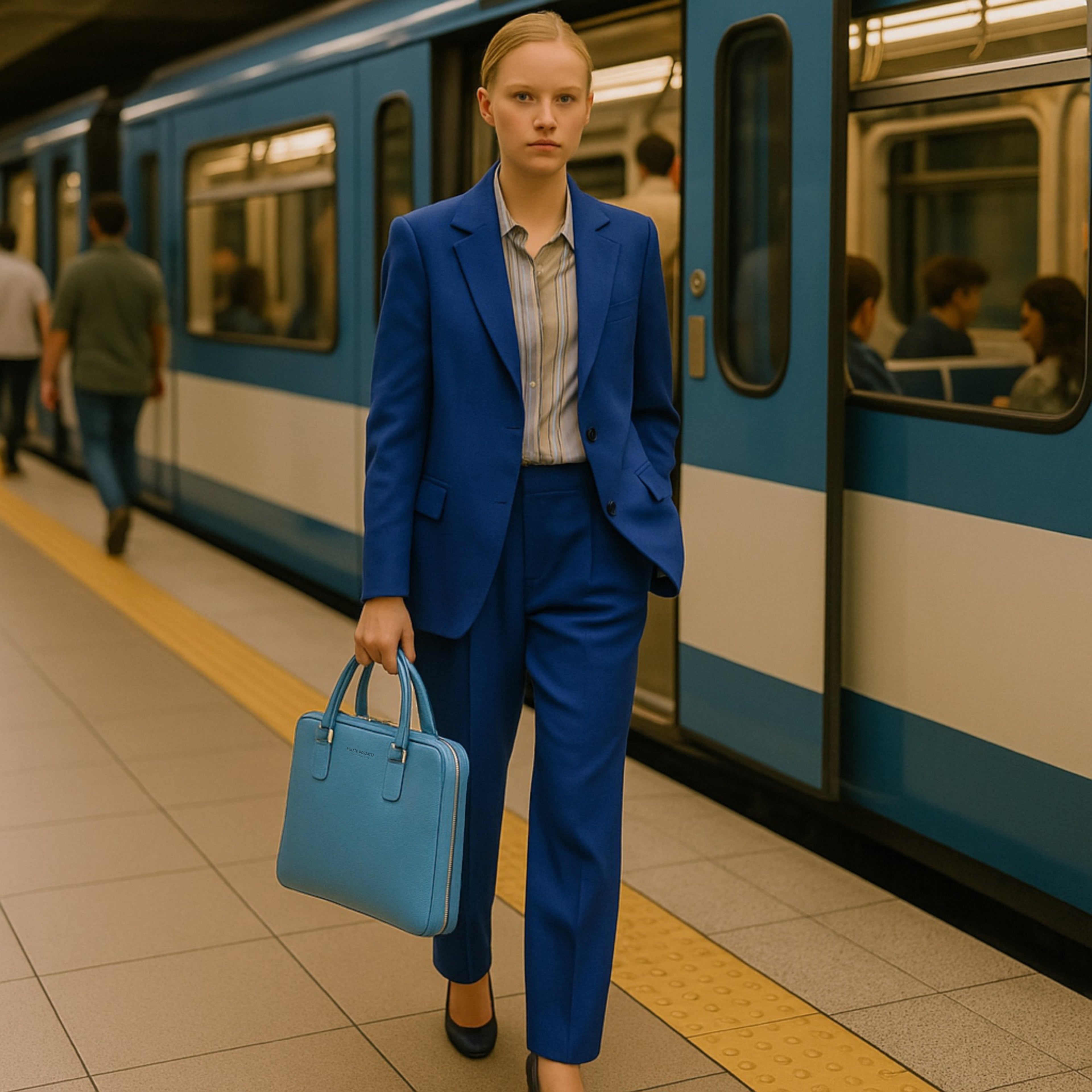 RB1019P | Made in Italy Genuine Leather Unisex Business Briefcase with removable shoulder strap. Shiny Nickel metal snap hook attachments - Avio color - Dimensions: cm 37 x 29 x 6.5