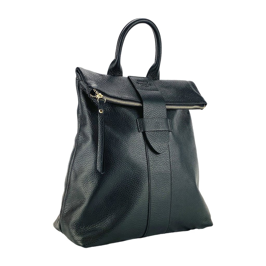 RB1021A | Women's Soft Genuine Leather Backpack Made in Italy with Adjustable Shoulder Straps. Zipper and Polished Gold Metal Accessories - Black Color - Dimensions: 30 x 34 x 10.5 cm