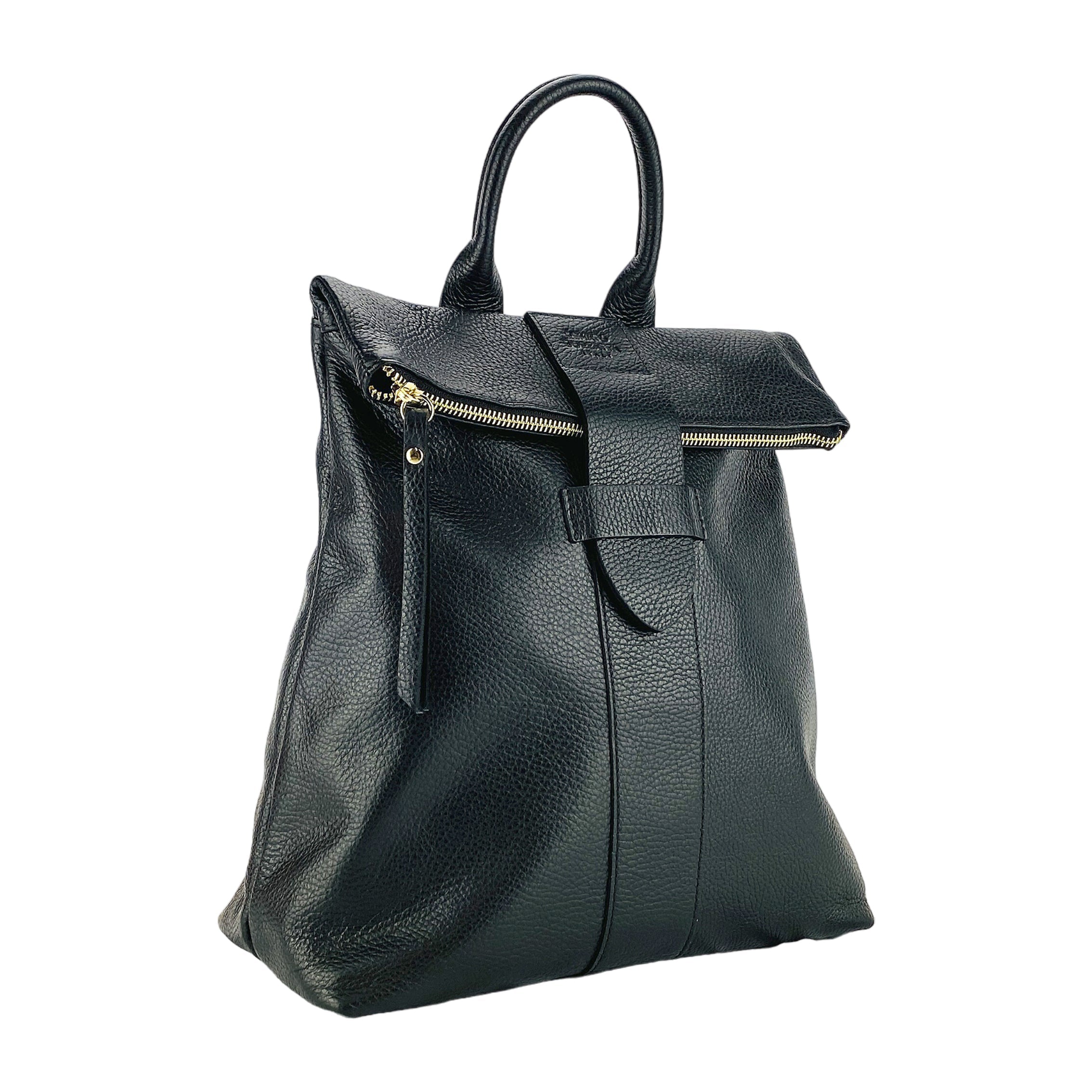 RB1021A | Women's Soft Genuine Leather Backpack Made in Italy with Adjustable Shoulder Straps. Zipper and Polished Gold Metal Accessories - Black Color - Dimensions: 30 x 34 x 10.5 cm