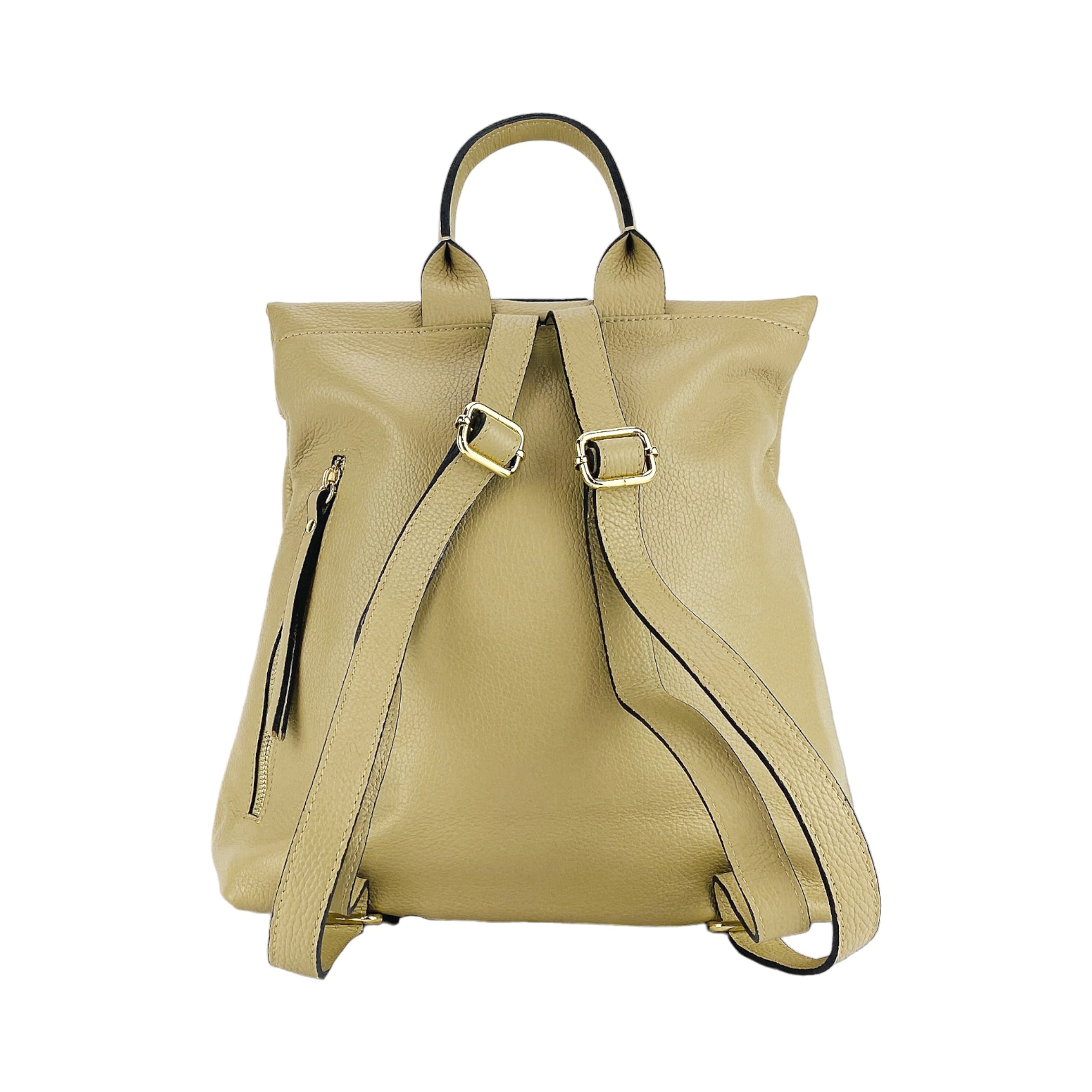 RB1021AL | Women's Soft Backpack in Genuine Leather Made in Italy with Adjustable Shoulder Straps. Shiny Gold Metal Zipper and Accessories - Beige Color - Dimensions: 30 x 34 x 10.5 cm.