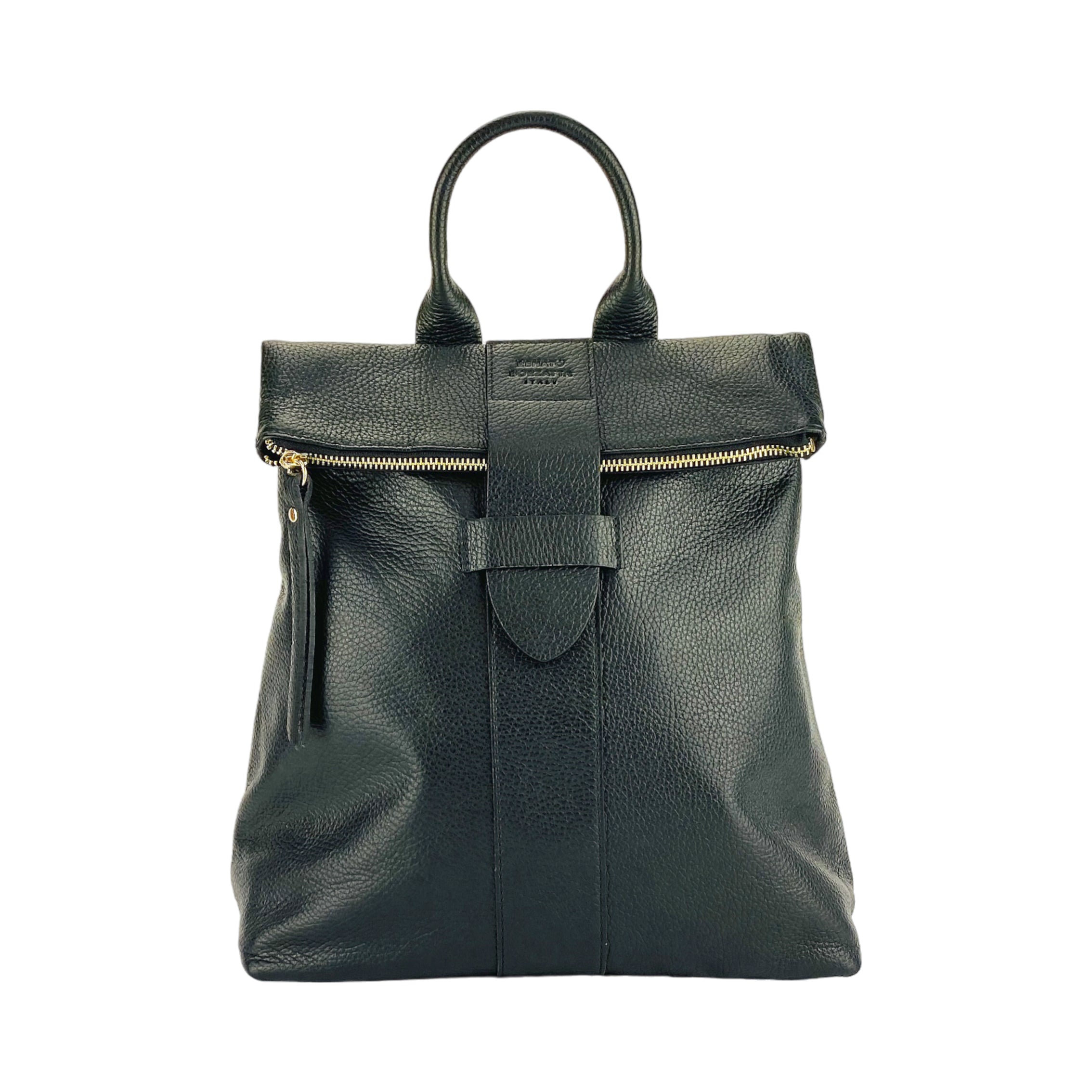 RB1021A | Women's Soft Genuine Leather Backpack Made in Italy with Adjustable Shoulder Straps. Zipper and Polished Gold Metal Accessories - Black Color - Dimensions: 30 x 34 x 10.5 cm