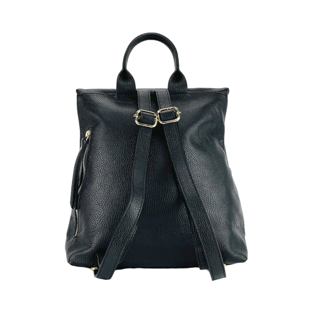 RB1021A | Women's Soft Genuine Leather Backpack Made in Italy with Adjustable Shoulder Straps. Zipper and Polished Gold Metal Accessories - Black Color - Dimensions: 30 x 34 x 10.5 cm