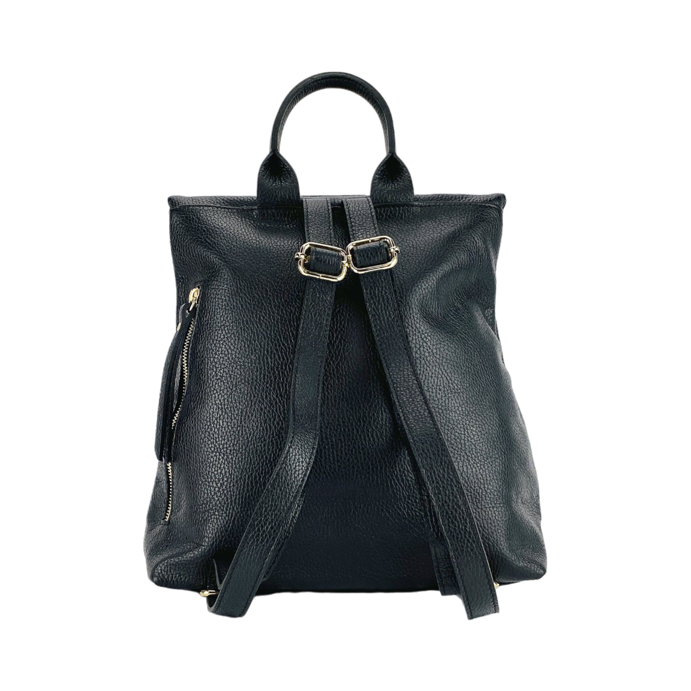 RB1021A | Women's Soft Genuine Leather Backpack Made in Italy with Adjustable Shoulder Straps. Zipper and Polished Gold Metal Accessories - Black Color - Dimensions: 30 x 34 x 10.5 cm