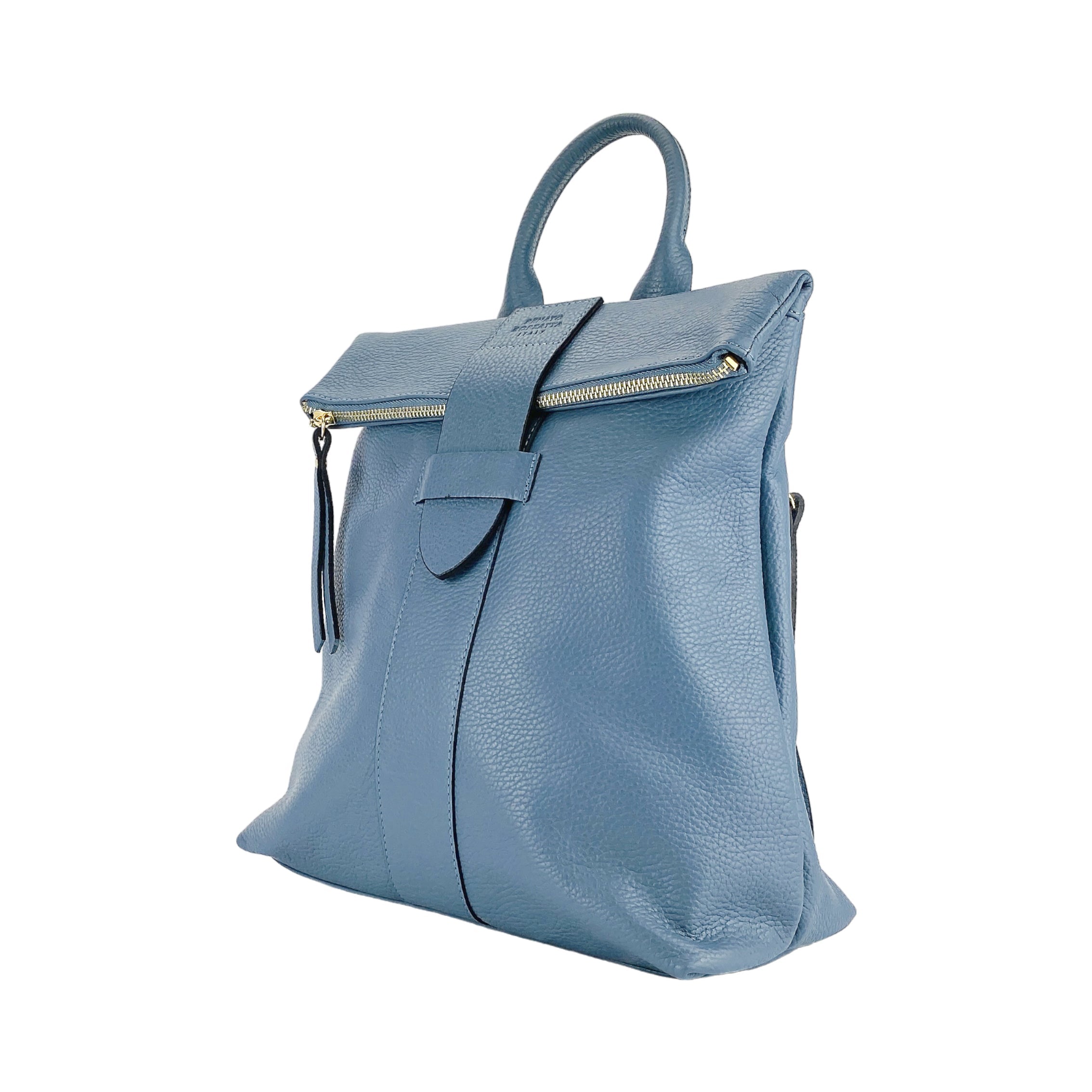 RB1021P | Women's Soft Backpack in Genuine Leather Made in Italy with Adjustable Shoulder Straps. Shiny Gold Metal Zipper and Accessories - Avio Color - Dimensions: 30 x 34 x 10.5 cm.