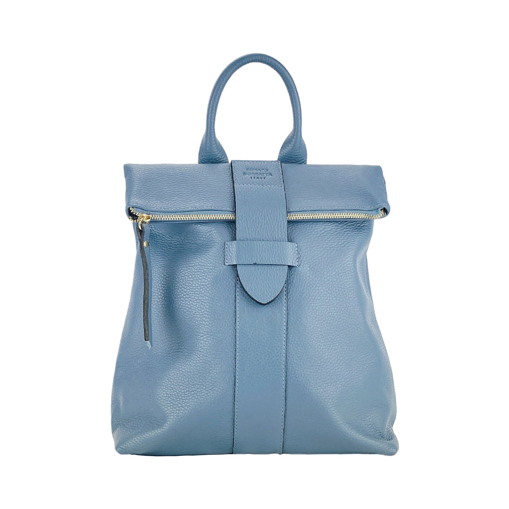 RB1021P | Women's Soft Backpack in Genuine Leather Made in Italy with Adjustable Shoulder Straps. Shiny Gold Metal Zipper and Accessories - Avio Color - Dimensions: 30 x 34 x 10.5 cm.