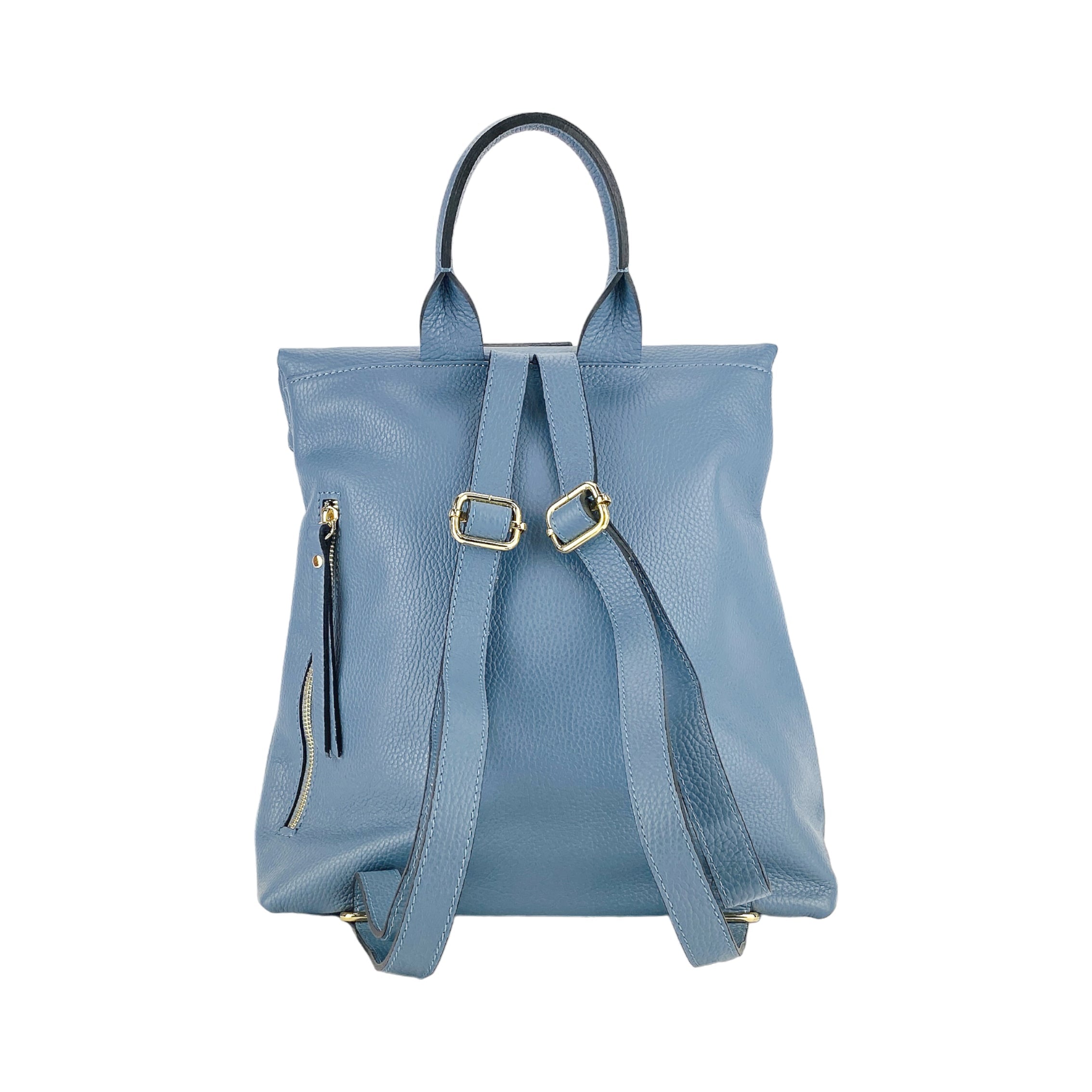 RB1021P | Women's Soft Backpack in Genuine Leather Made in Italy with Adjustable Shoulder Straps. Shiny Gold Metal Zipper and Accessories - Avio Color - Dimensions: 30 x 34 x 10.5 cm.