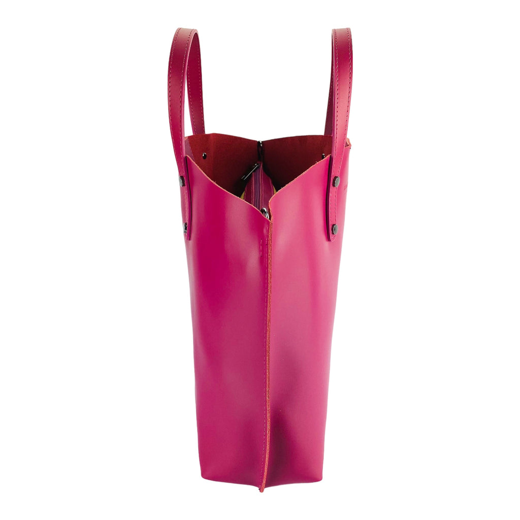 RB1024BE | Women's Genuine Leather Hand Bag Made in Italy with removable shoulder strap. Large removable internal bag. Polished Gunmetal Accessories - Color Fuxia - Dimensions: cm 48x31x11