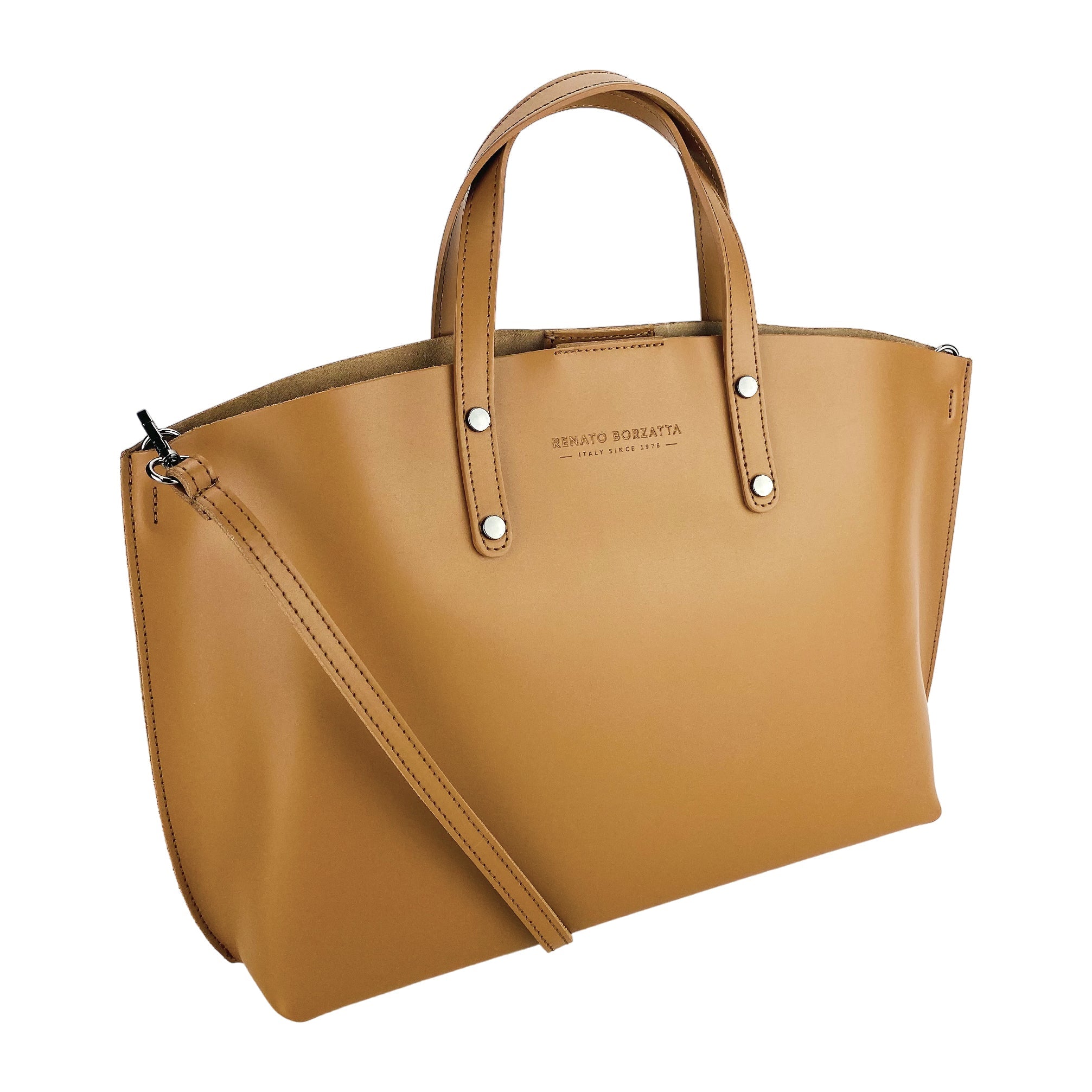 RB1024S | Women's Hand Bag in Genuine Leather Made in Italy with removable shoulder strap. Large removable internal bag. Polished Gunmetal Accessories - Cognac Color - Dimensions: cm 48x31x11