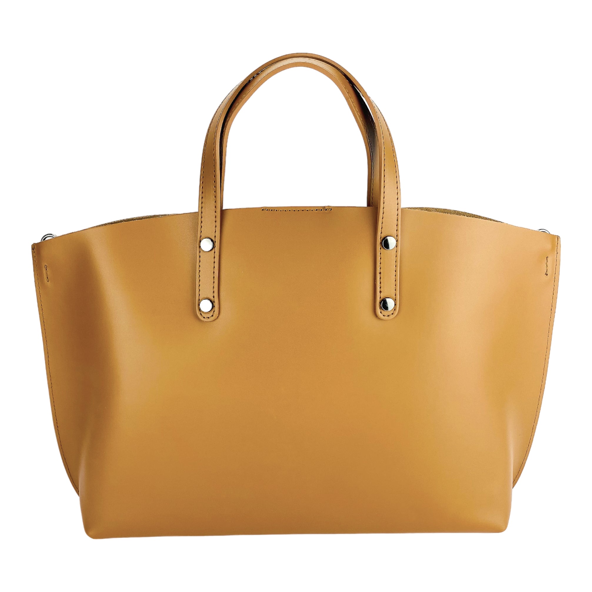 RB1024S | Women's Hand Bag in Genuine Leather Made in Italy with removable shoulder strap. Large removable internal bag. Polished Gunmetal Accessories - Cognac Color - Dimensions: cm 48x31x11