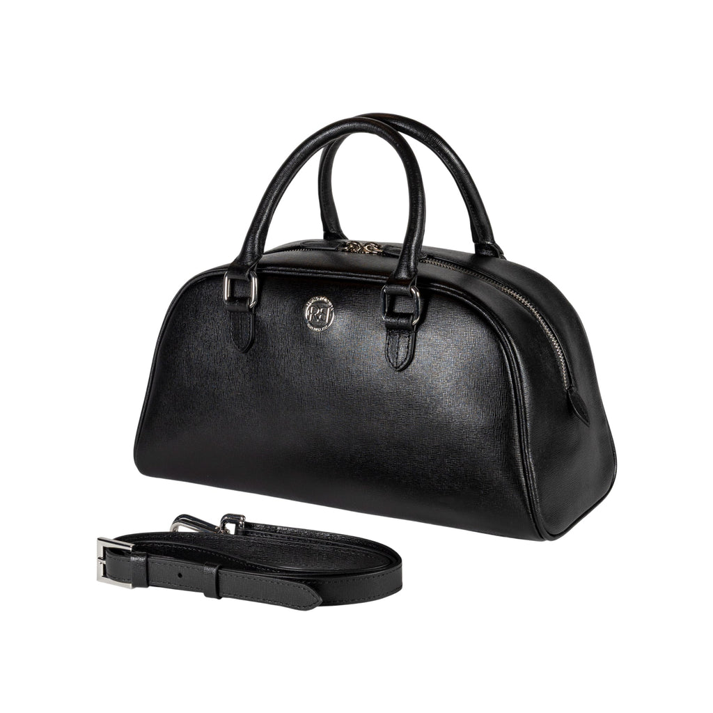RB1034A | VIRGINIA Women's Bowling Bag in Genuine Saffiano Leather Made in Italy. Polished Silver Metal Hardware. Color: Black. Dimensions: 35 x 19 x 14.5 + 12 cm (handle drop)