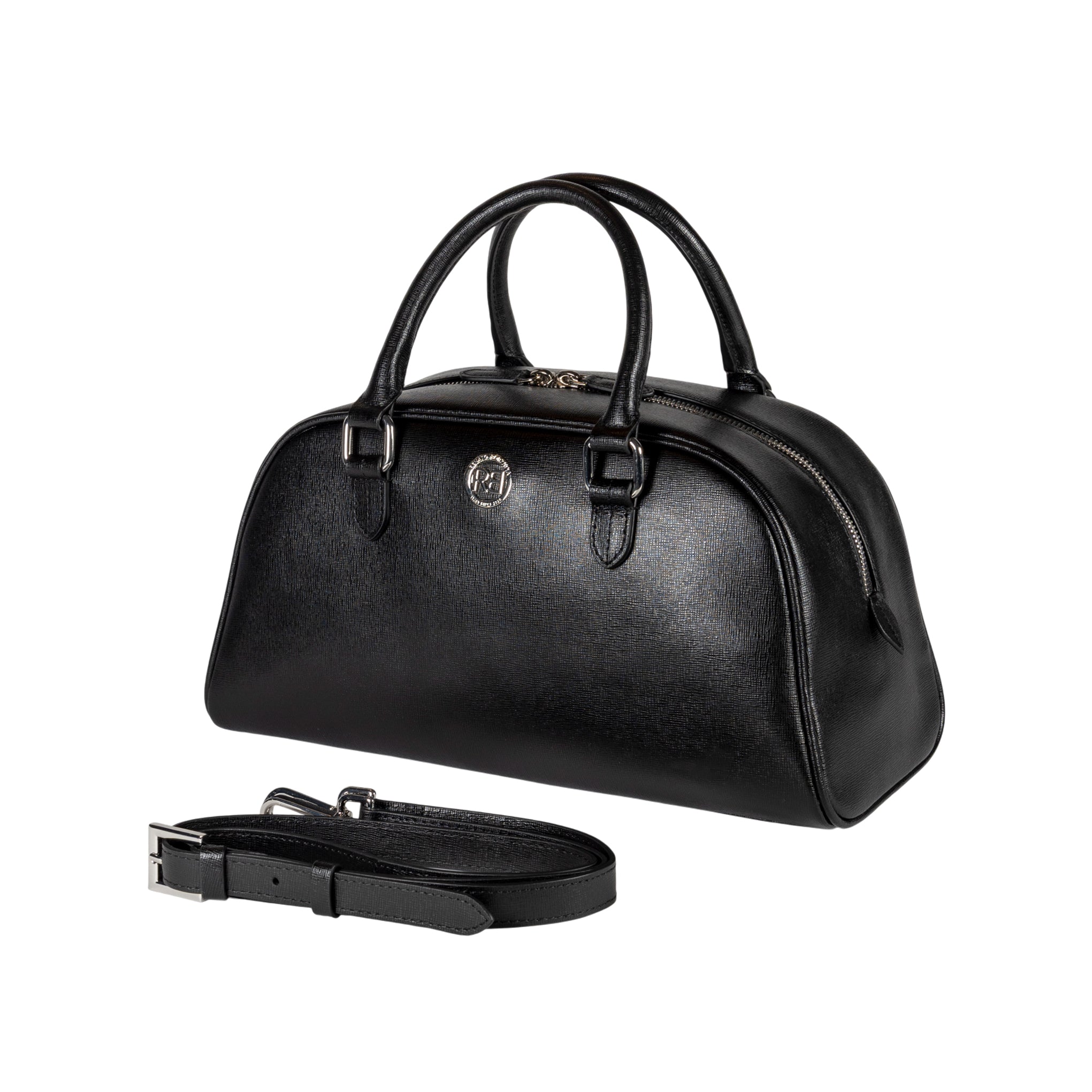 RB1034A | VIRGINIA Women's Bowling Bag in Genuine Saffiano Leather Made in Italy. Polished Silver Metal Hardware. Color: Black. Dimensions: 35 x 19 x 14.5 + 12 cm (handle drop)