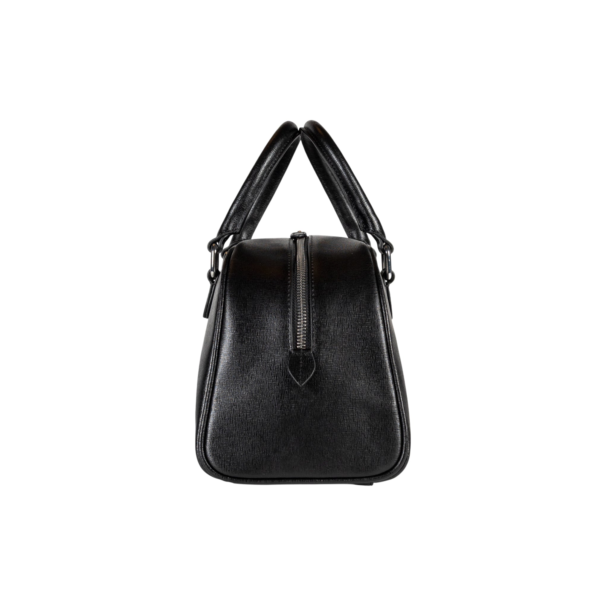 RB1034A | VIRGINIA Women's Bowling Bag in Genuine Saffiano Leather Made in Italy. Polished Silver Metal Hardware. Color: Black. Dimensions: 35 x 19 x 14.5 + 12 cm (handle drop)