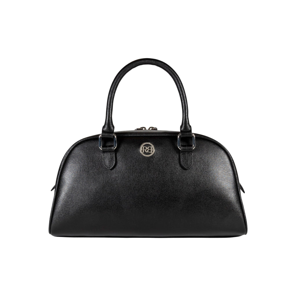 RB1034A | VIRGINIA Women's Bowling Bag in Genuine Saffiano Leather Made in Italy. Polished Silver Metal Hardware. Color: Black. Dimensions: 35 x 19 x 14.5 + 12 cm (handle drop)