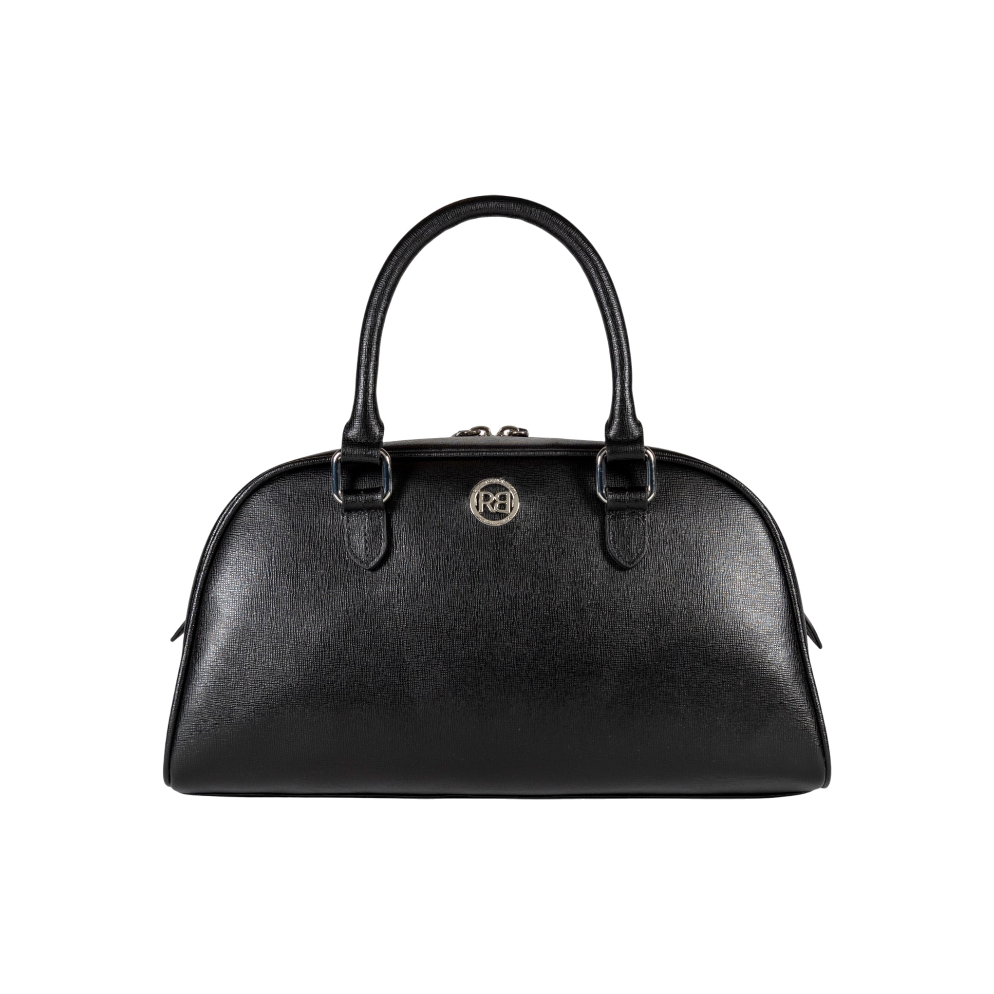 RB1034A | VIRGINIA Women's Bowling Bag in Genuine Saffiano Leather Made in Italy. Polished Silver Metal Hardware. Color: Black. Dimensions: 35 x 19 x 14.5 + 12 cm (handle drop)
