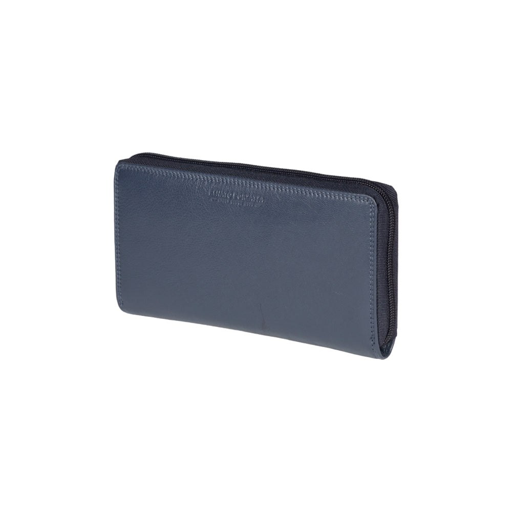 RB12080D | Women's wallet in genuine full-grain leather, with light grain. Blue color. RFID protection. Size: 20 x 10 x 2.5 cm. Packaging: gift box bottom/cover