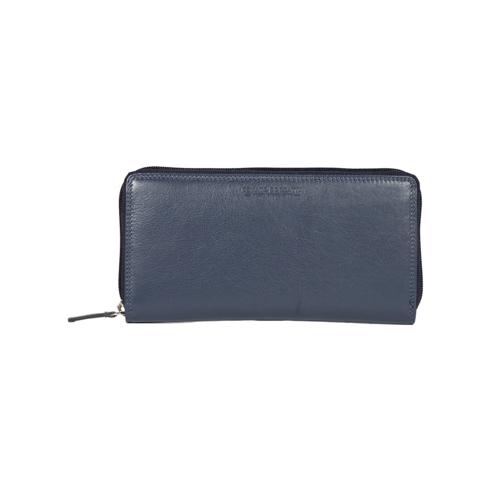 RB12080D | Women's wallet in genuine full-grain leather, with light grain. Blue color. RFID protection. Size: 20 x 10 x 2.5 cm. Packaging: gift box bottom/cover