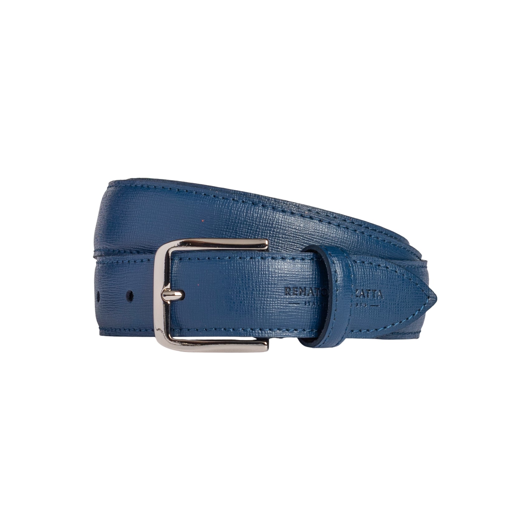 RB4017D | Women's Belt Made in Italy in Genuine Saffiano Leather. Polished Silver Buckle. Color: Blue. Dimensions: 115 x 3.0 x 0.5 cm (waistline 100 cm)