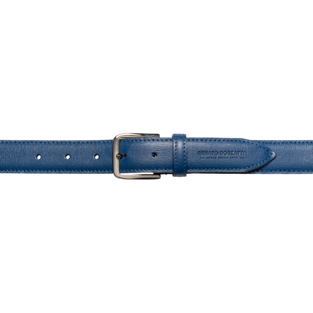 RB4017D | Women's Belt Made in Italy in Genuine Saffiano Leather. Polished Silver Buckle. Color: Blue. Dimensions: 115 x 3.0 x 0.5 cm (waistline 100 cm)