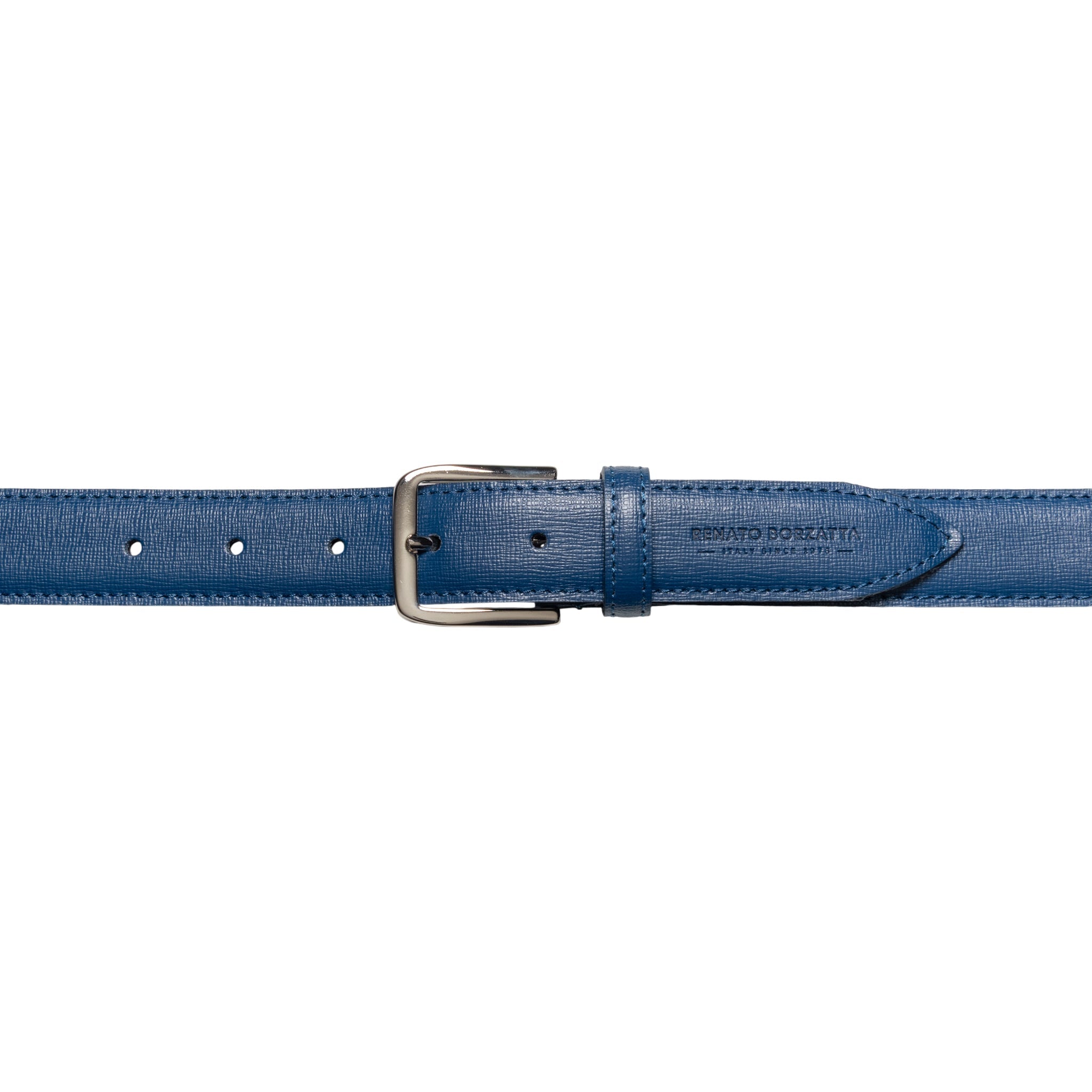 RB4017D | Women's Belt Made in Italy in Genuine Saffiano Leather. Polished Silver Buckle. Color: Blue. Dimensions: 115 x 3.0 x 0.5 cm (waistline 100 cm)