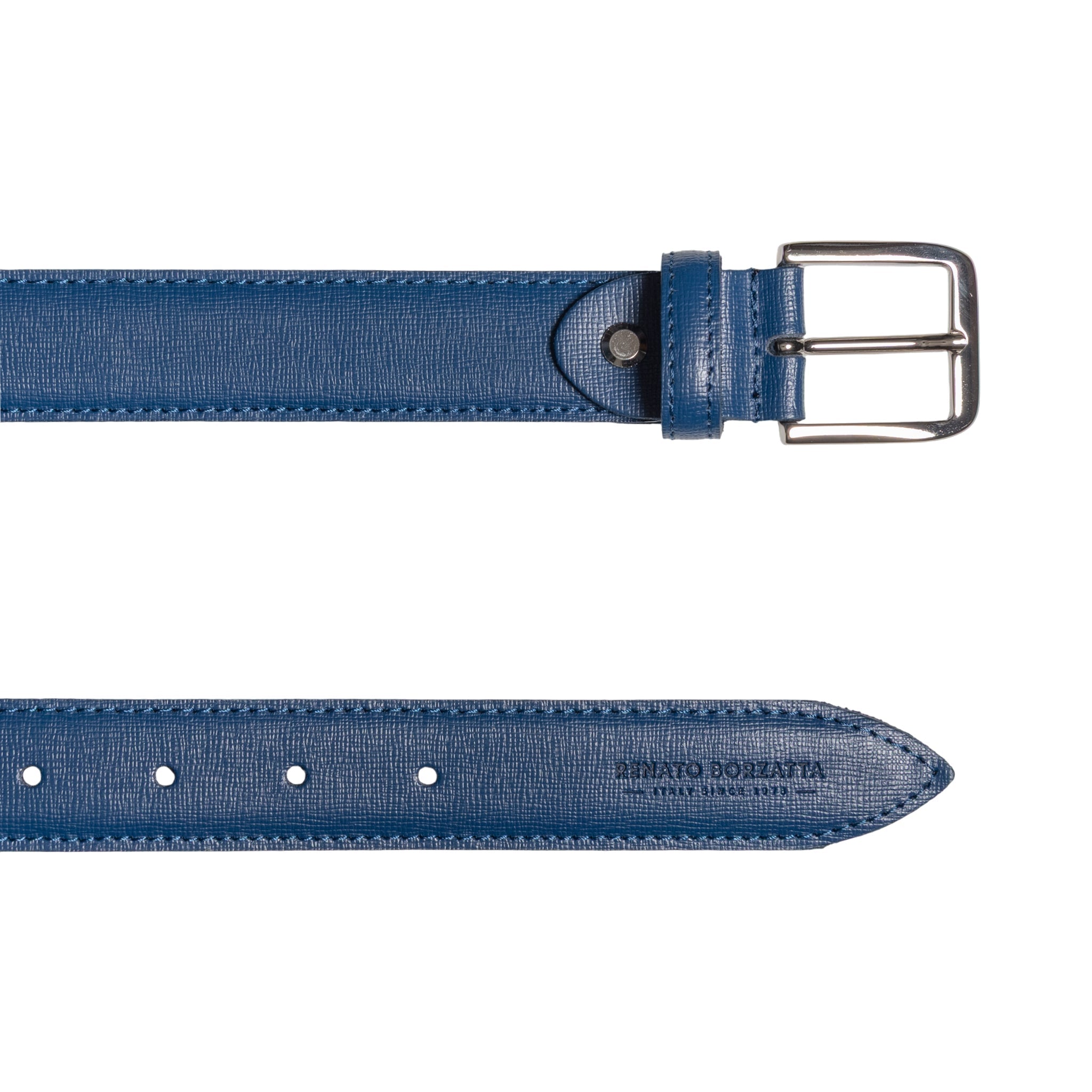 RB4017D | Women's Belt Made in Italy in Genuine Saffiano Leather. Polished Silver Buckle. Color: Blue. Dimensions: 115 x 3.0 x 0.5 cm (waistline 100 cm)