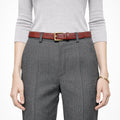 RB4022Q | Women's Belt Made in Italy in Genuine Dollar Grain Leather. Polished Gold-Finish Buckle. Ruby Color. Dimensions: 115 x 2.5 x 0.5 cm (waistline 100 cm)