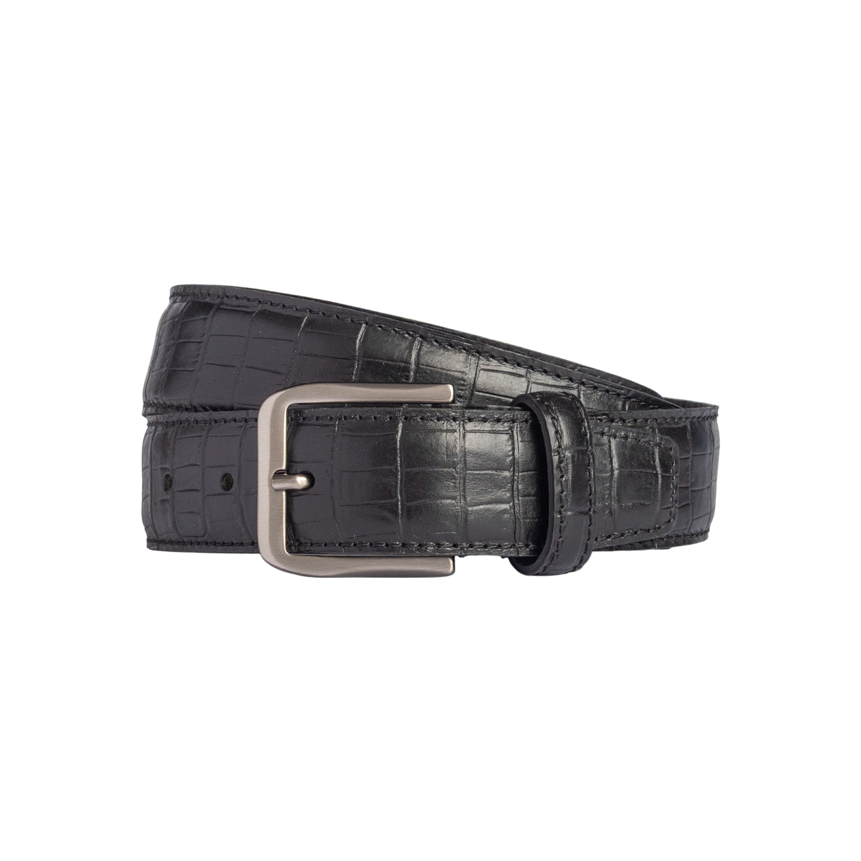 RB4024A | Men's Belt Made in Italy in Genuine Full-Grain Crocodile-Embossed Leather. Satin Gunmetal Buckle. Black. Dimensions: 125 x 3.5 x 0.5 cm (waistline 110 cm).