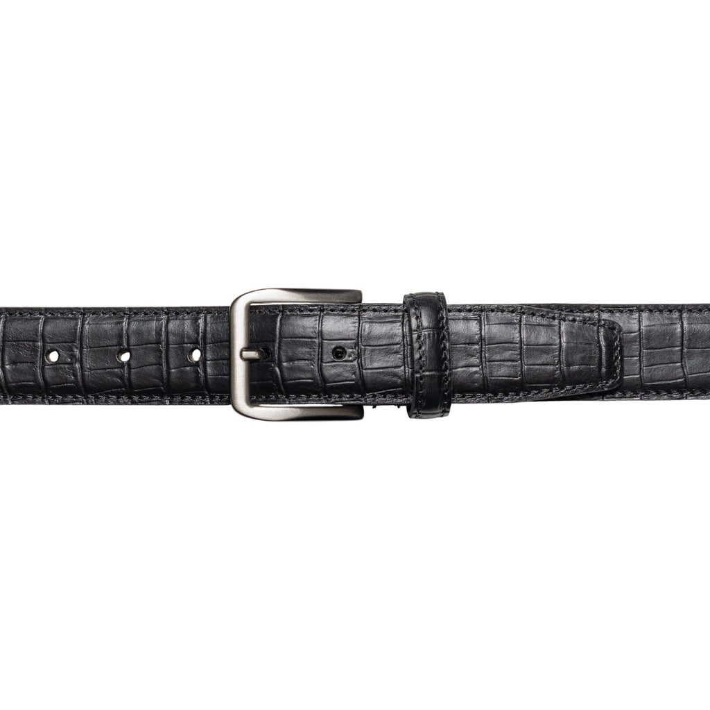 RB4024A | Men's Belt Made in Italy in Genuine Full-Grain Crocodile-Embossed Leather. Satin Gunmetal Buckle. Black. Dimensions: 125 x 3.5 x 0.5 cm (waistline 110 cm).