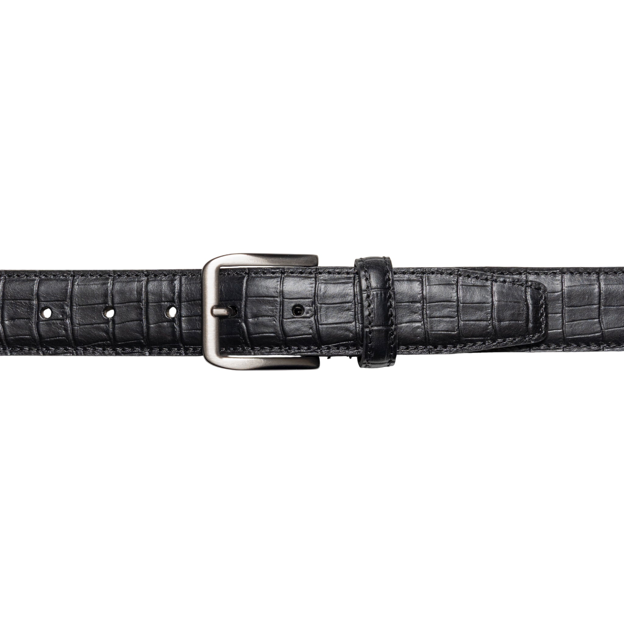 RB4024A | Men's Belt Made in Italy in Genuine Full-Grain Crocodile-Embossed Leather. Satin Gunmetal Buckle. Black. Dimensions: 125 x 3.5 x 0.5 cm (waistline 110 cm).